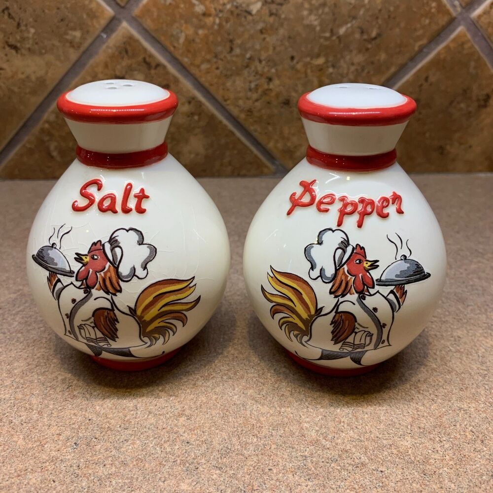 Vintage Ceramic Rooster Chef Salt & Pepper Shakers Farmhouse Kitchen Cottage